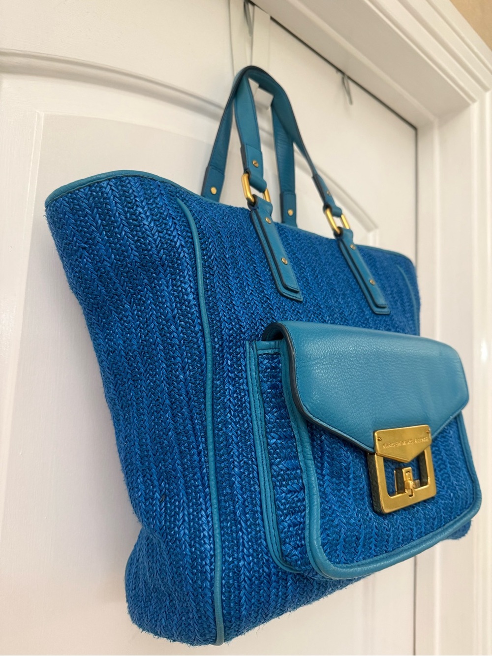 Marc by Marc Jacobs Hayley Straw/Leather Teal Blue Tote with Front Flap Pocket - Picture 11 of 17
